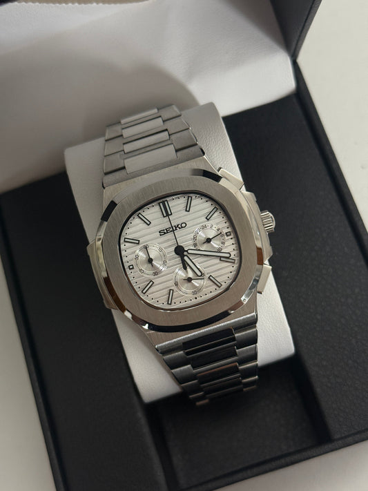 White Nautilus Custom Seiko Mod Quartz